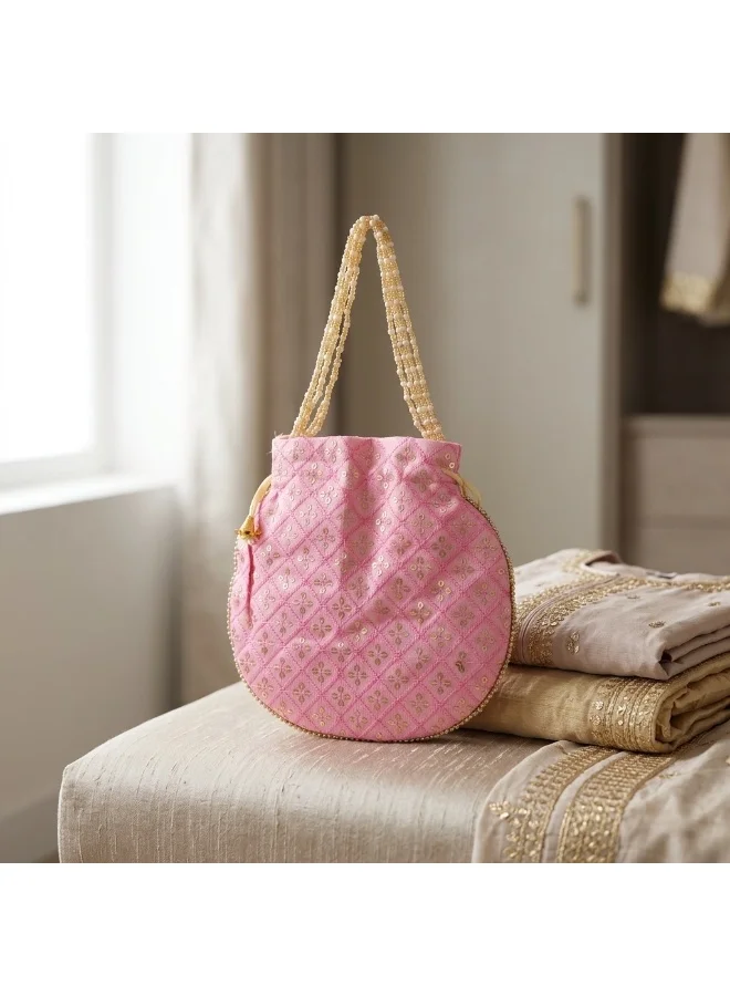 Mobcos Mobcos Rose Pink Small Chex Floral Print Potli Bag Mobcos Rose Pink Small Chex Handcrafted Indian Embroidered Mirror Work Potli Bag for Women | Premium Silk Blend Ethnic Drawstring Handbag with Pearl Handle | Wedding, Bridal, Party & Festive Purse for Women | Best Price UAE