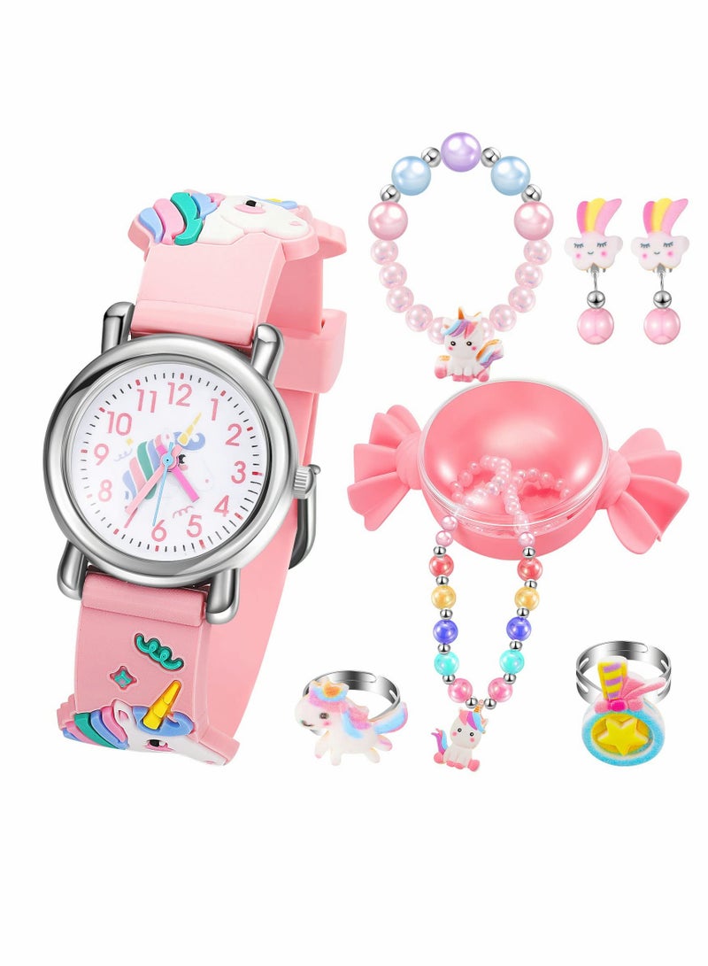 Excefore Kids Watches with Unicorn Jewelry Set, 3D Cartoon Waterproof Unicorn Digital Wrist Watches with Pink Unicorn Necklace Bracelet Earrings Ring Girls Watches Gifts for Little Girls Ages 5-7 - Image 1