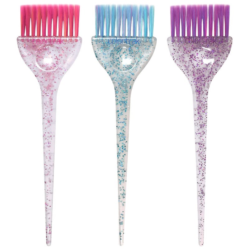 Colortrak 3 Pack Hair Color Brush Set with Glitter Handles for Highlighting, Tint and Coloring Hair Sections - Soft Feathered Bristles Application 3.5 x 11 inch - Image 1