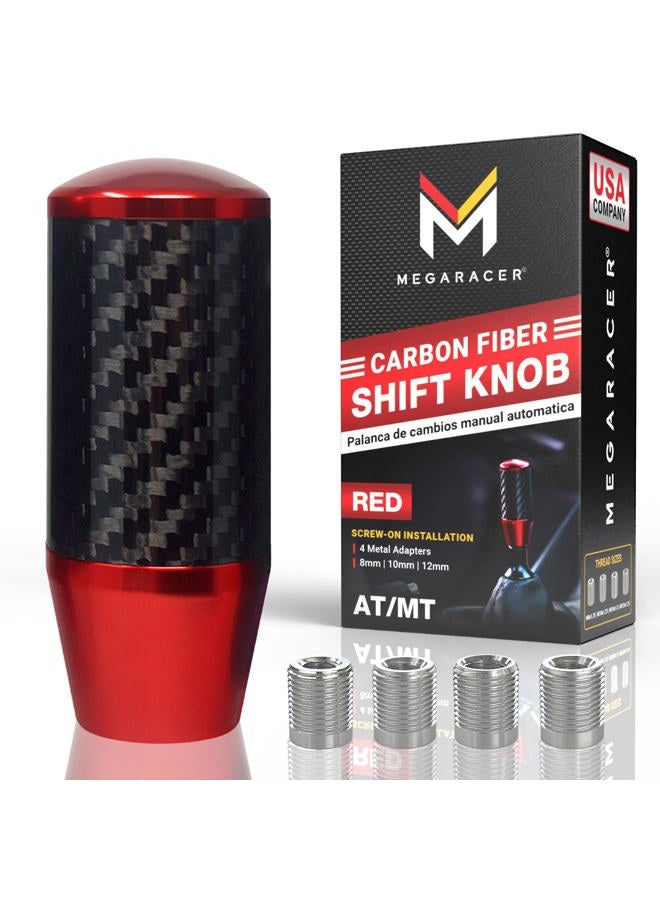 Mega Racer Premium Red Carbon Fiber Shift Knob - 4 Metal Threaded Adapters, 4 5 6 Speed Manual & Buttonless Automatic Transmission Cars, Weighted Gear Stick Shifter Knobs, (M8, M10x1.25/1.5, M12x1.25), JDM Style - Image 1