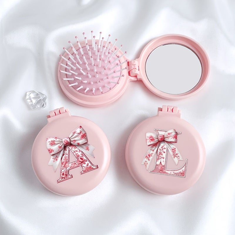 Pink Bow Letter Pattern Round Small Comb With Mirror Portable Compact Two In One Makeup Mirror Comb Mini Cushion Comb For Women Foldable Air Cushion Massage Comb Suitable For Travel Camping Office Business Trips Performances - Image 2