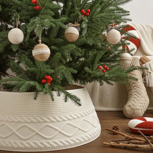 Treory Knitted Christmas Tree Collar: Cream Crossed Diamond Edge Chunky Cable Knit Christmas Tree Collars for Artificial Trees, Farmhouse Rustic Tree Ring Tree Skirt for Christmas Home Décor - Image 5