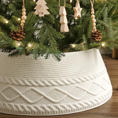 Treory Knitted Christmas Tree Collar: Cream Crossed Diamond Edge Chunky Cable Knit Christmas Tree Collars for Artificial Trees, Farmhouse Rustic Tree Ring Tree Skirt for Christmas Home Décor - Image 1