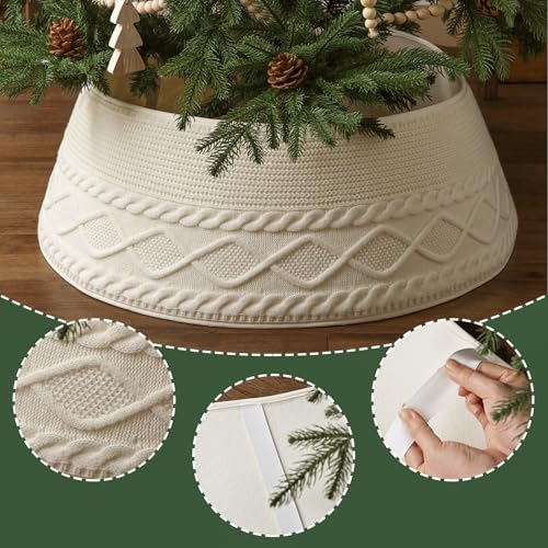 Treory Knitted Christmas Tree Collar: Cream Crossed Diamond Edge Chunky Cable Knit Christmas Tree Collars for Artificial Trees, Farmhouse Rustic Tree Ring Tree Skirt for Christmas Home Décor - Image 4