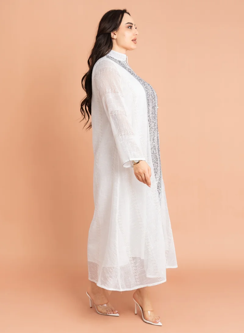 IKKXA Mandarin Collar Crystal Embroidery Jalabiya IK2012 White
