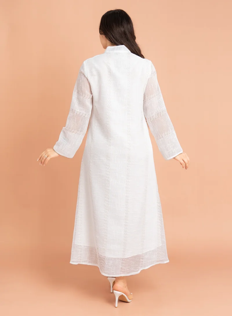 IKKXA Mandarin Collar Crystal Embroidery Jalabiya IK2012 White