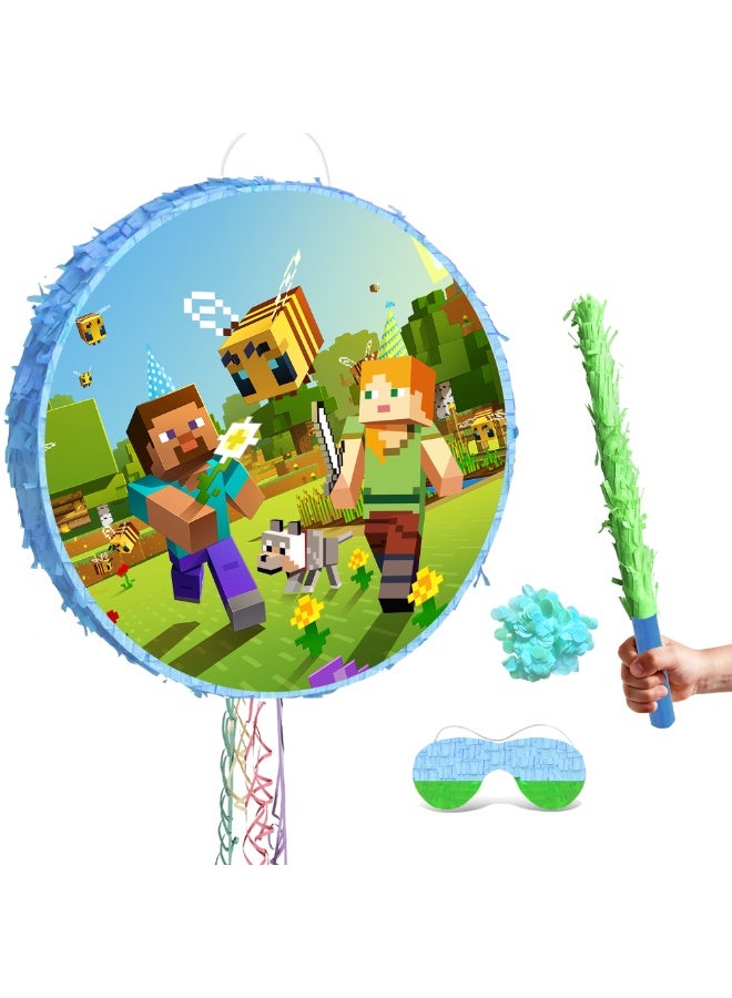 ILovhaprty Minecraft Round Pinata, Minecraft Party Pinata Bundle - Large Creeper or Block Pinata, Steve Diamond Pickaxe Party Game Decorations Party Stick etc Pixel Games Pinata Birthday Party Supplies - Image 1