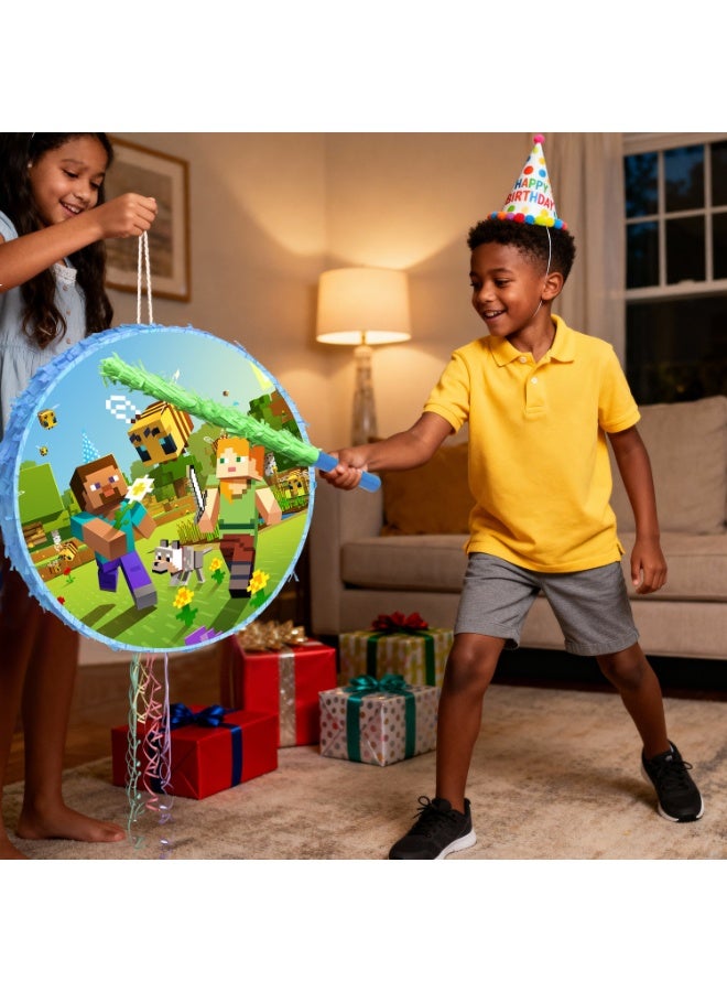 ILovhaprty Minecraft Round Pinata, Minecraft Party Pinata Bundle - Large Creeper or Block Pinata, Steve Diamond Pickaxe Party Game Decorations Party Stick etc Pixel Games Pinata Birthday Party Supplies - Image 3