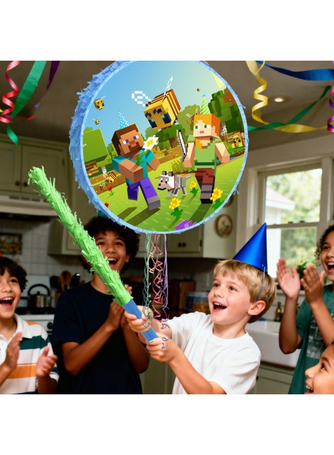 ILovhaprty Minecraft Round Pinata, Minecraft Party Pinata Bundle - Large Creeper or Block Pinata, Steve Diamond Pickaxe Party Game Decorations Party Stick etc Pixel Games Pinata Birthday Party Supplies - Image 4