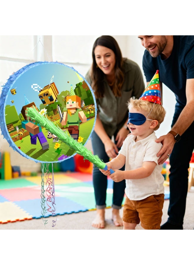 ILovhaprty Minecraft Round Pinata, Minecraft Party Pinata Bundle - Large Creeper or Block Pinata, Steve Diamond Pickaxe Party Game Decorations Party Stick etc Pixel Games Pinata Birthday Party Supplies - Image 5