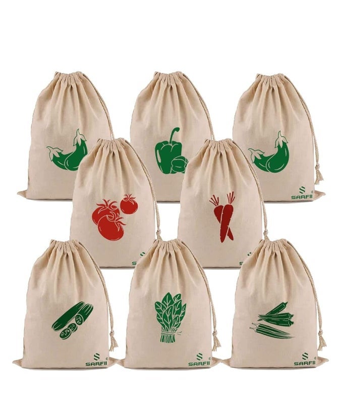 PACK OF 8 COTTON VEGETABLE BAGS FRIDGE STORAGE BAG SABJI FRUITS POUCH REFRIGERATOR PRODUCE BAGS CLOTHE MUSLIN REUSABLE WASHABLE WITH DRAWSTRINGS