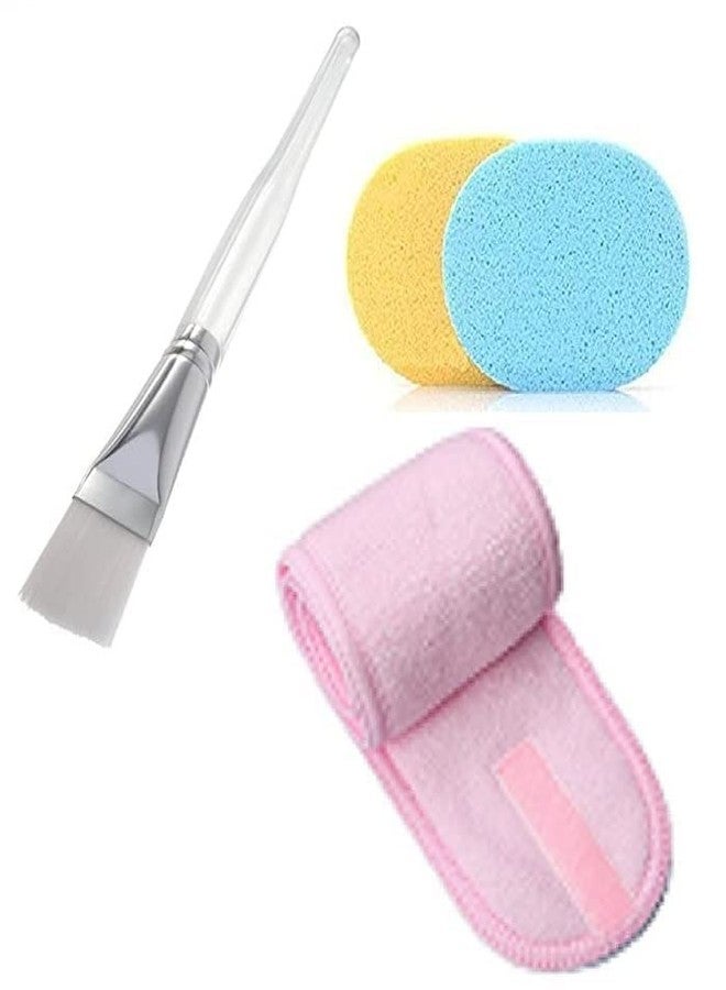 psm100 Fashion Headband Combo Facial Mask Brush Set Face Cleaning Sponge and Wooden Face Pack Brush for Men and Women's (Multi-Color) (Brush, Belt and 2 Sponge) - Image 1