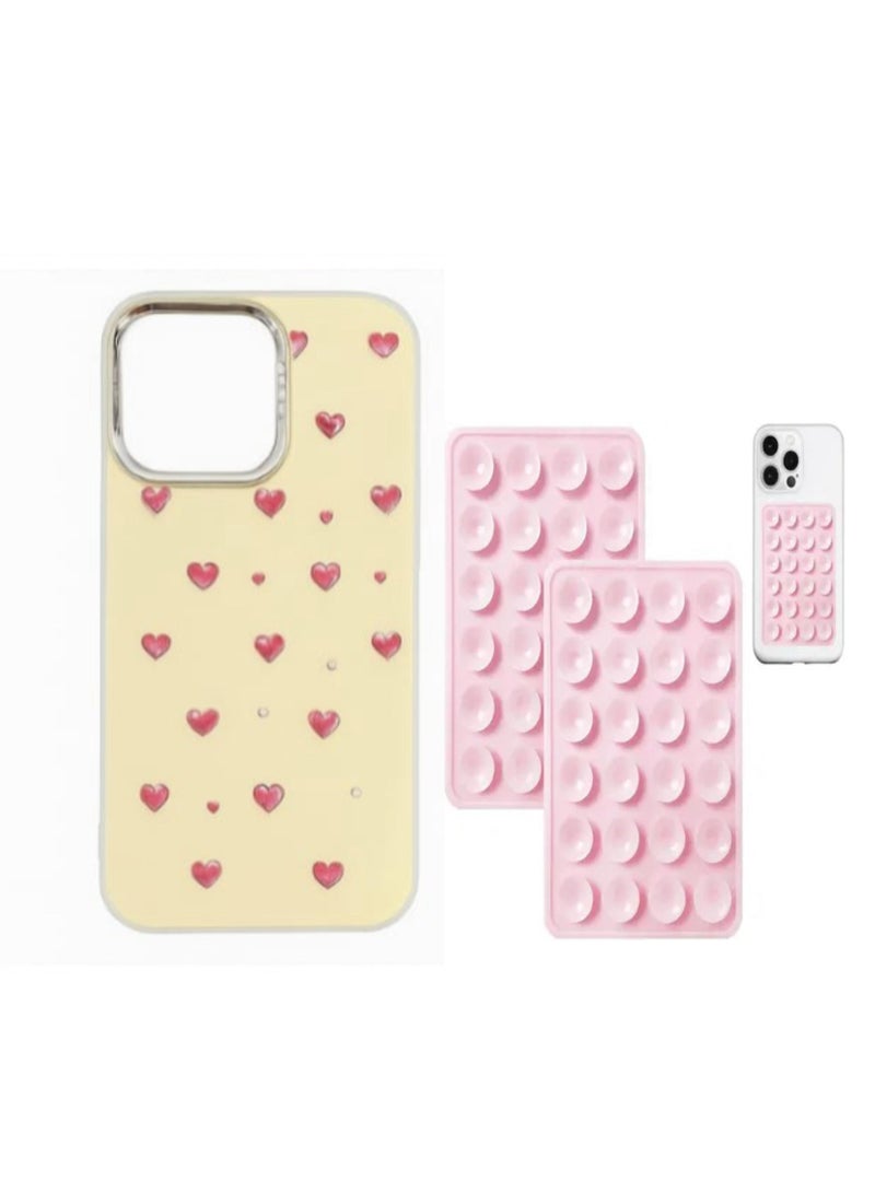 كايس كلوب جراب iPhone 16 Pro Max برسومات قلوب وأحجار ثلاثية الأبعاد + وسادة قبضة قابلة للإزالة باللون الوردي | غطاء خلفي لطيف مقاوم للصدمات للفتيات