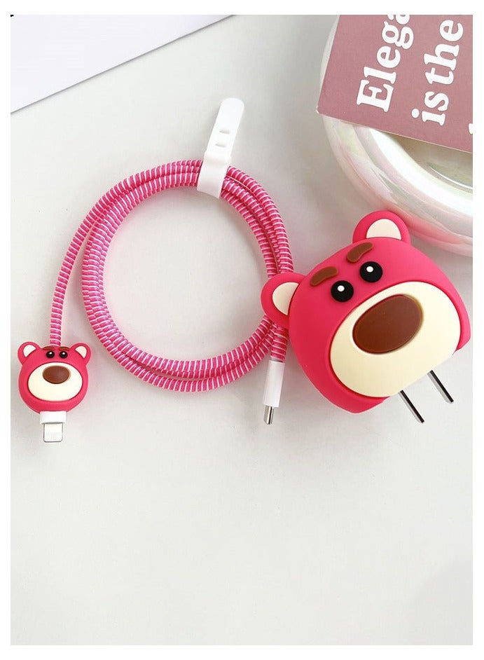 عام مجموعة مكونة من أربع قطع من الغطاء الواقي واللفاف لشاحن الهاتف المحمول مناسبة لهاتف Apple الأصلي 18 وات/20 وات - دب الفراولة - Image 2