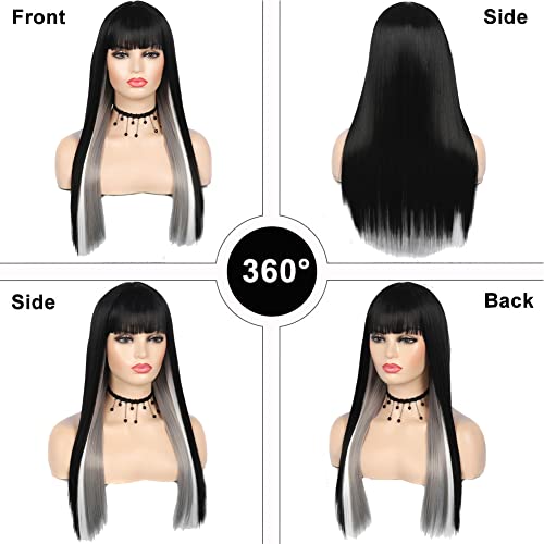 Kaneles Long Straight Black Mix Grey Wig With Bangs Heat Resistant Synthetic Hair Wig for Women - Image 3