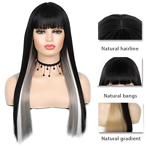 Kaneles Long Straight Black Mix Grey Wig With Bangs Heat Resistant Synthetic Hair Wig for Women - Image 2