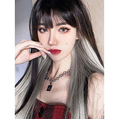 Kaneles Long Straight Black Mix Grey Wig With Bangs Heat Resistant Synthetic Hair Wig for Women - Image 1