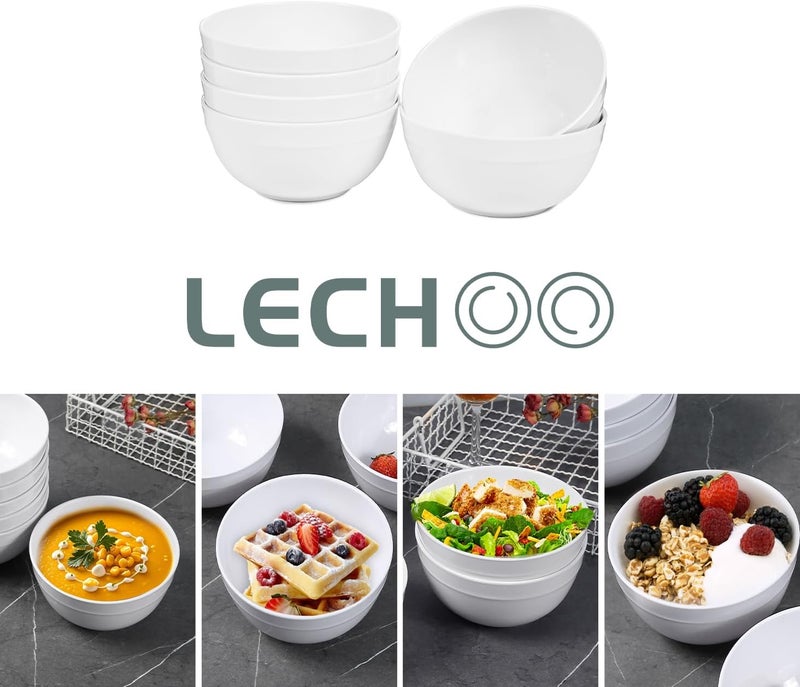 Lechoo Melamine Cereal Bowls - 23oz White Bowls, Soup Bowl, 6PCS Salad Bowl, Set of 6, Unbreakable, Dishwasher Safe, White - Image 4