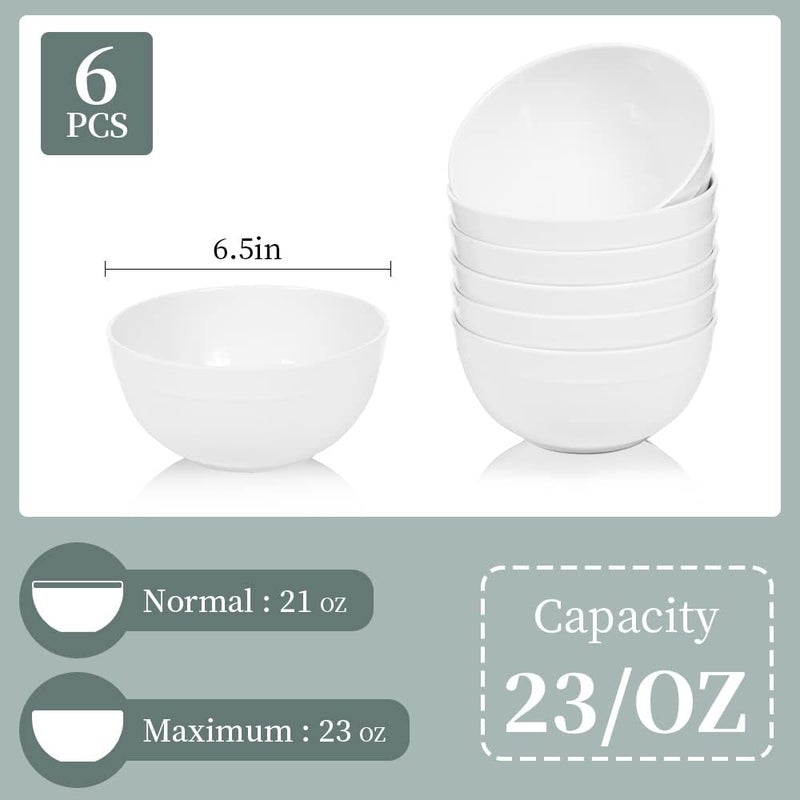 Lechoo Melamine Cereal Bowls - 23oz White Bowls, Soup Bowl, 6PCS Salad Bowl, Set of 6, Unbreakable, Dishwasher Safe, White - Image 3