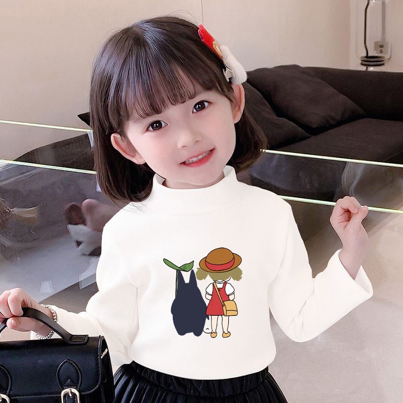 Children's Base Shirt Half-high Collar Girl's White Autumn and Winter Baby's Long-sleeved T-shirt De-velvet Base T-shirt - Image 1