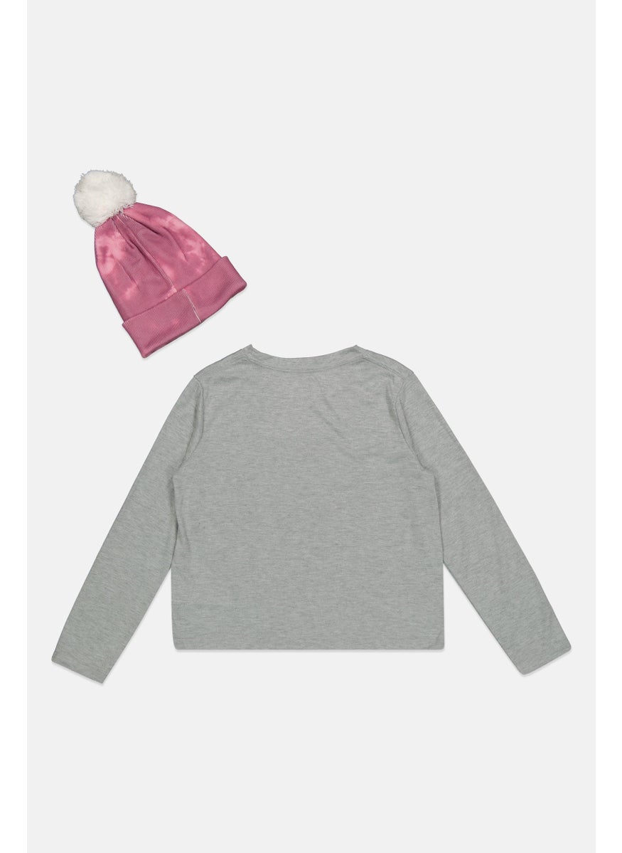 Hurley Kids Girl 2 Pcs Graphic Print Long Sleeve T-Shirts And Beanie Hat Sets, Heather Grey  - Image 2