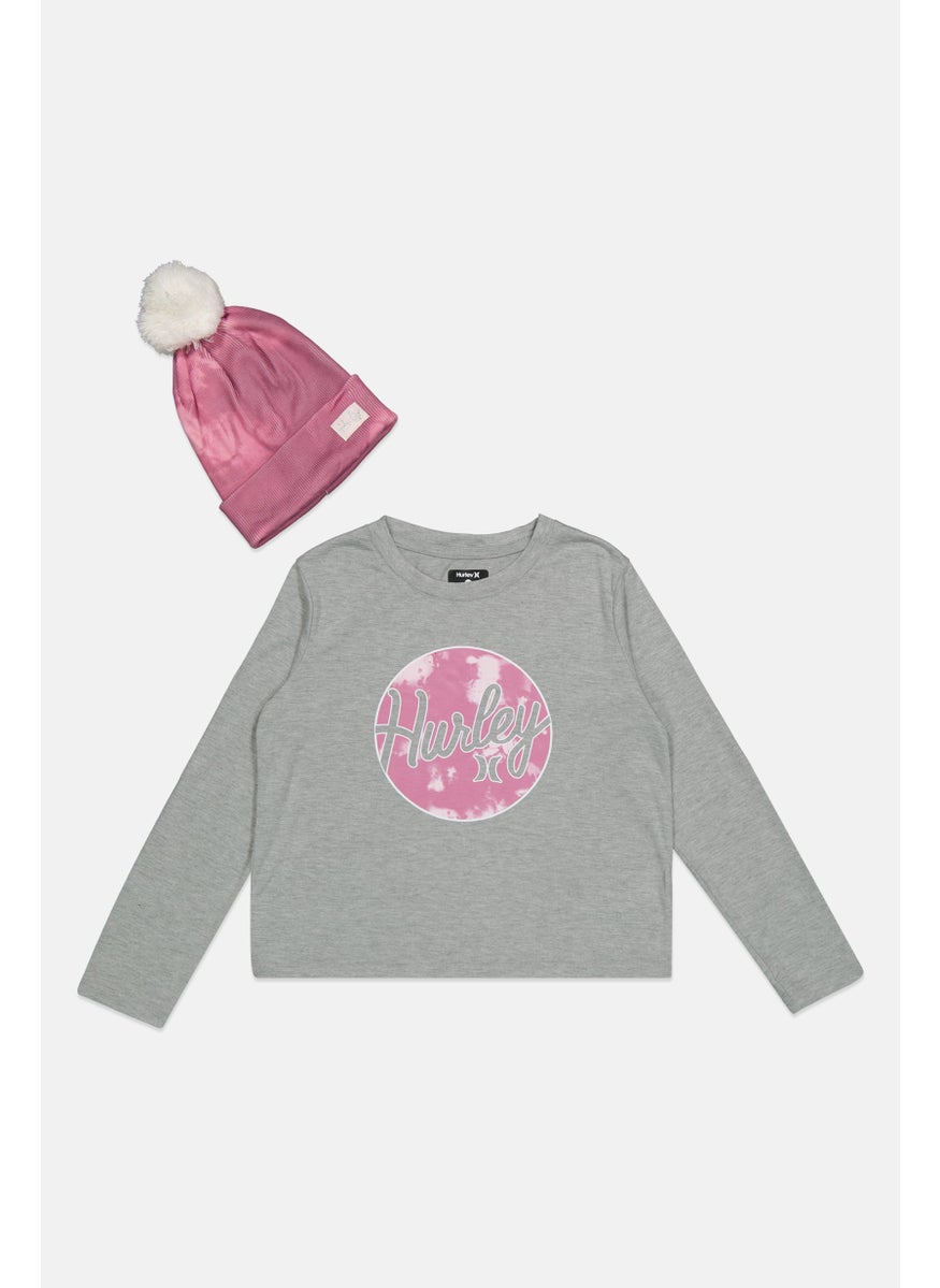 Hurley Kids Girl 2 Pcs Graphic Print Long Sleeve T-Shirts And Beanie Hat Sets, Heather Grey  - Image 1