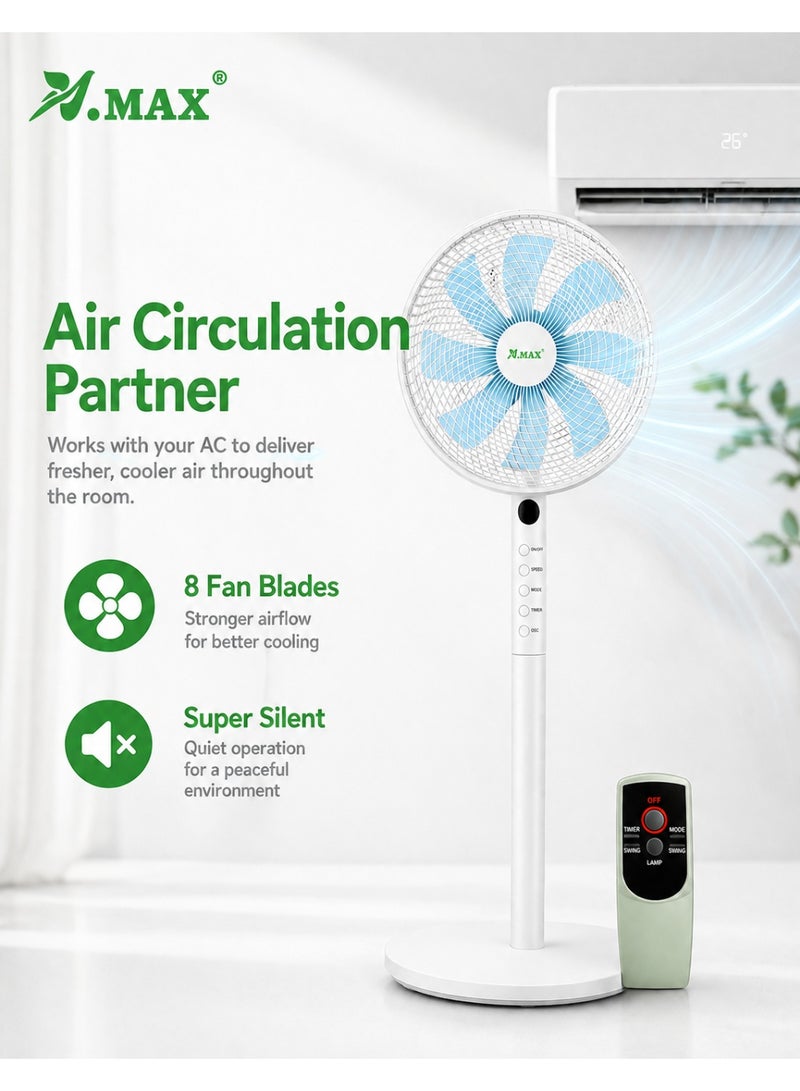 Vmax V.MAX 14-Inch Standing Fan with Remote Control, 45W Electric Pedestal Fan, 8-Blade Quiet Fan, 3-Speed Oscillation Floor Fan for Home & Office, White - Image 3