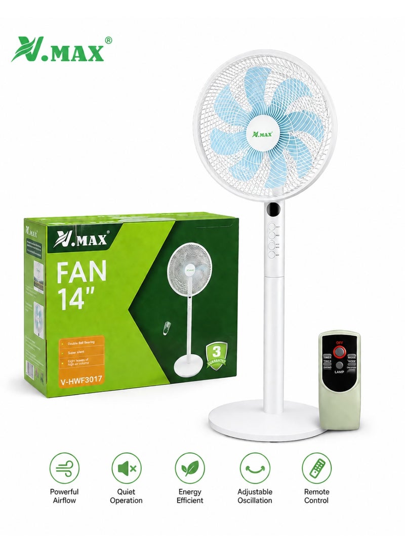 Vmax V.MAX 14-Inch Standing Fan with Remote Control, 45W Electric Pedestal Fan, 8-Blade Quiet Fan, 3-Speed Oscillation Floor Fan for Home & Office, White - Image 1