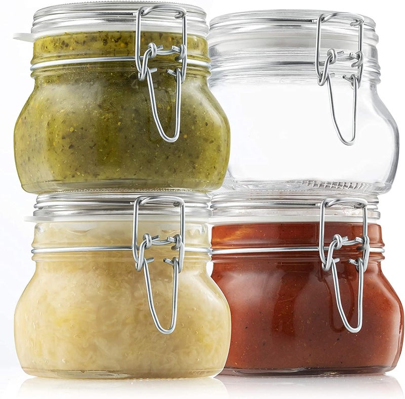 KELVEE Glass Storage Jars with Airtight Lid Clear Preserving Seal Wide Mouth Containers with Wire Clip Fastening for Kitchen Canning Cereal,Pasta,Sugar,Coffee,Spices - 500 ml (Pack of 4, Clear) - Image 1