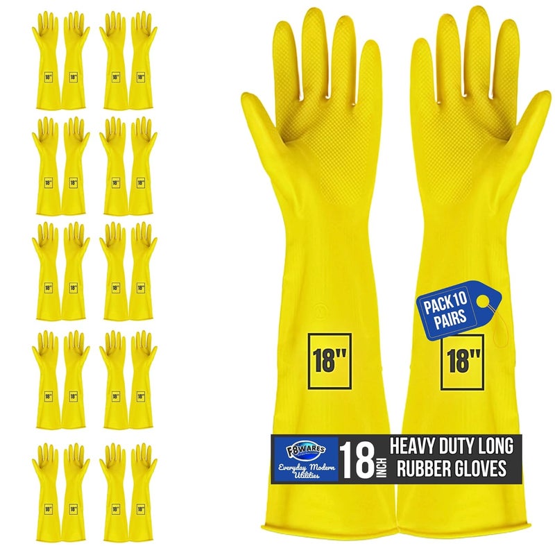 F8WARES 10 Pairs 18inch Long Washable Heavyduty Reusable Dishwashing Kitchen Industrial Gardening Latex Rubber Cleaning Hand Gloves For Men Women