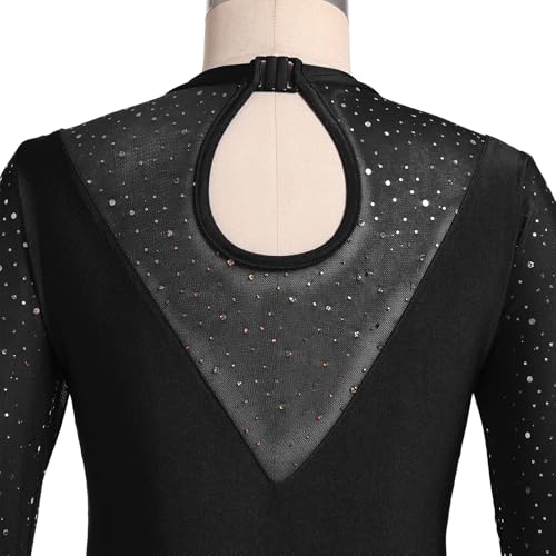 IBAKOM Figure Skating Dress for Women Sparkly Sequins Mesh Long Sleeve Teen Girl Ice Skater Outfits Mock Neck Adult Rhythmic Gymnastics Leotard Chiffon Mini Skirt Lyrical Dance Outfits Black M - Image 5
