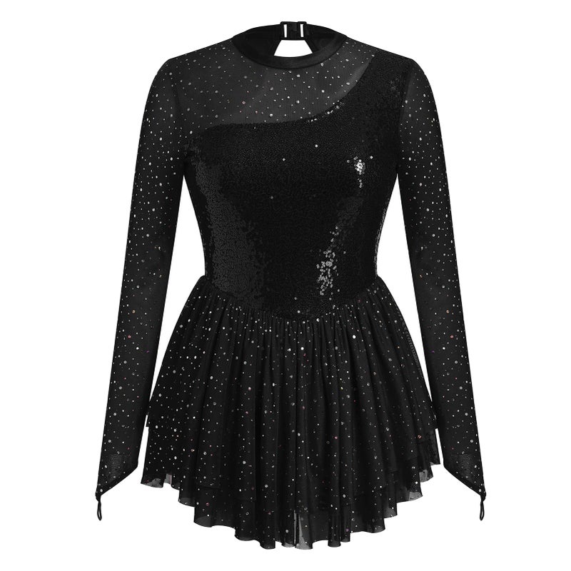 IBAKOM Figure Skating Dress for Women Sparkly Sequins Mesh Long Sleeve Teen Girl Ice Skater Outfits Mock Neck Adult Rhythmic Gymnastics Leotard Chiffon Mini Skirt Lyrical Dance Outfits Black M - Image 3