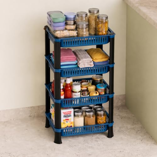 Biltoxi Plastic Multipurpose Kitchen Storage Rack Basket & Organizer – Stackable Shelves for Onion, Potato, Vegetables, Fruits, Grocery & Household Items (4 Layer, Navyblue) - Image 1