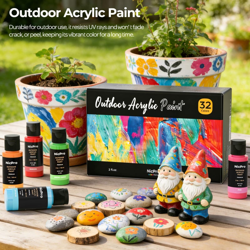Nicpro 32 Colors Outdoor Acrylic Paint Bulk with Brush and Sponge, Knife, Non-Toxic Paint for Multi-surface Rock, Wood, Fabric, Leather, Crafts, Canvas, Shoes and Wall Painting - Image 5