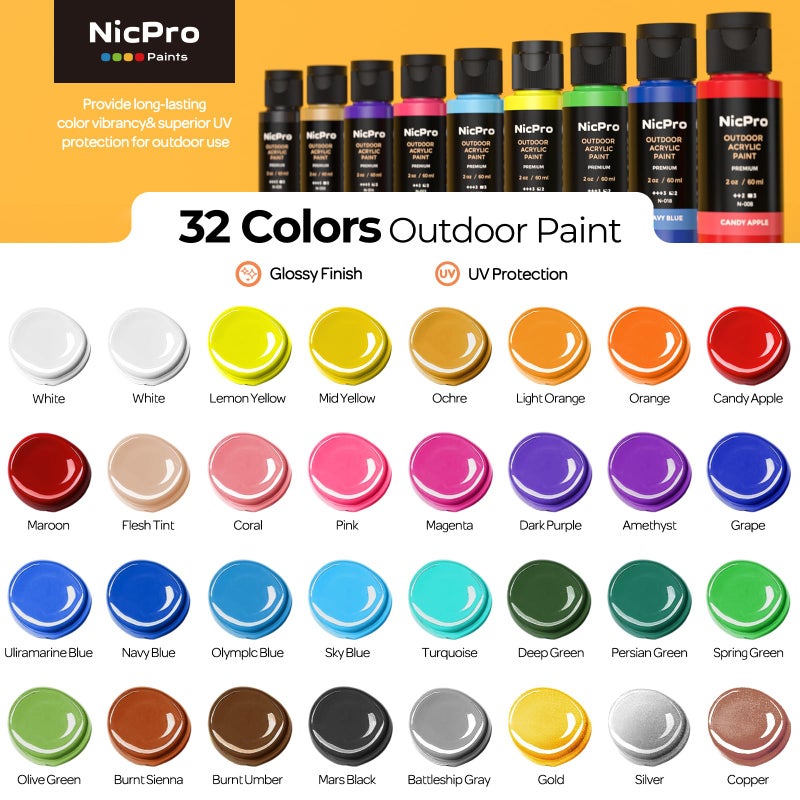 Nicpro 32 Colors Outdoor Acrylic Paint Bulk with Brush and Sponge, Knife, Non-Toxic Paint for Multi-surface Rock, Wood, Fabric, Leather, Crafts, Canvas, Shoes and Wall Painting - Image 2