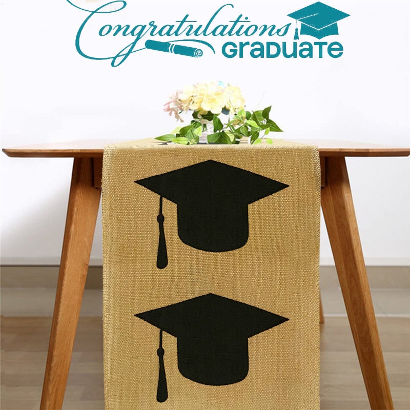 Joysail Joysail Burlap Graduation Table Runner 2022  Jute Grad Cap Table Runner 72 Inches Long  Rustic Graduation Party Table Decorations  Graduation Tabletop Centerpieces Decor Idea 