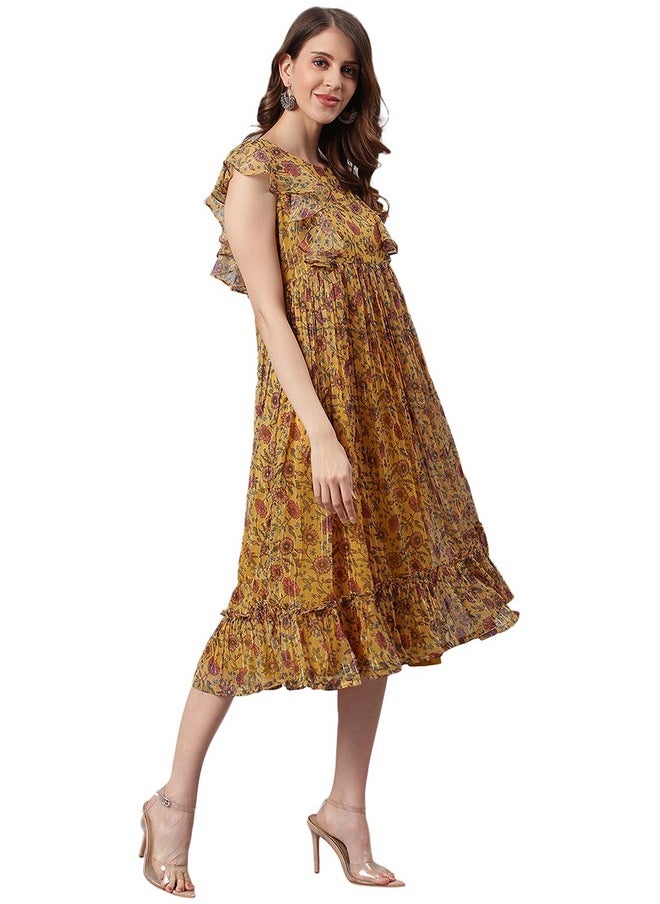 Janasya - Janasya Women's Mustard Poly Georgette Floral Flared Western Dress(J0338-DR-XS) - Image 1