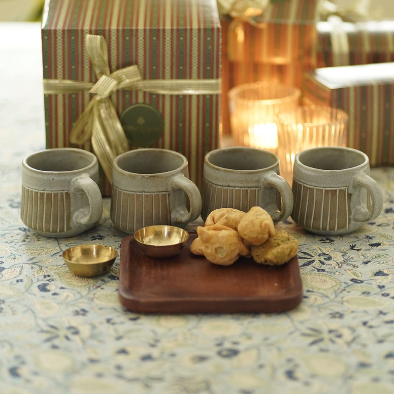 Courtyard Ceramic & Wood & Cast Brass Mandava Tea and Snack Gift Set|Gray & Gold & Brown|100 ML| - Image 1