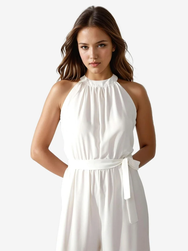 Hiccup Cream Natural Wide Leg Halter Neck Jumpsuit for Women | Best Price UAE