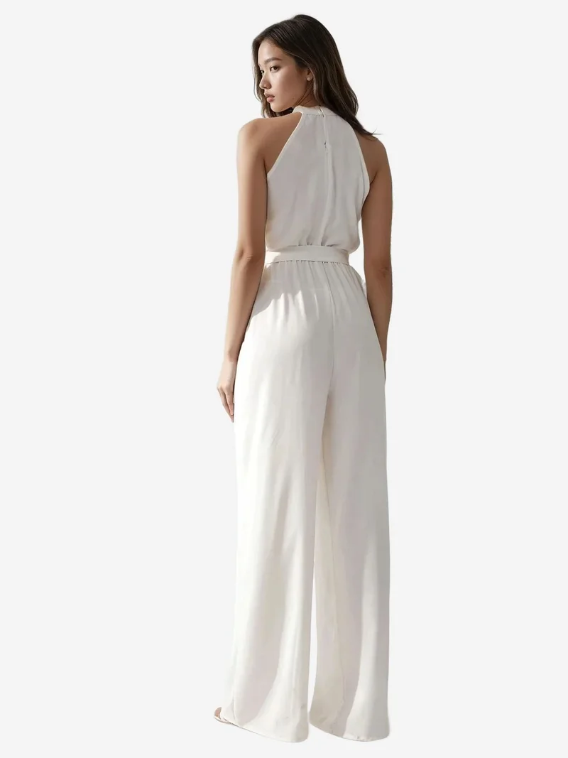 Hiccup Cream Natural Wide Leg Halter Neck Jumpsuit for Women | Best Price UAE