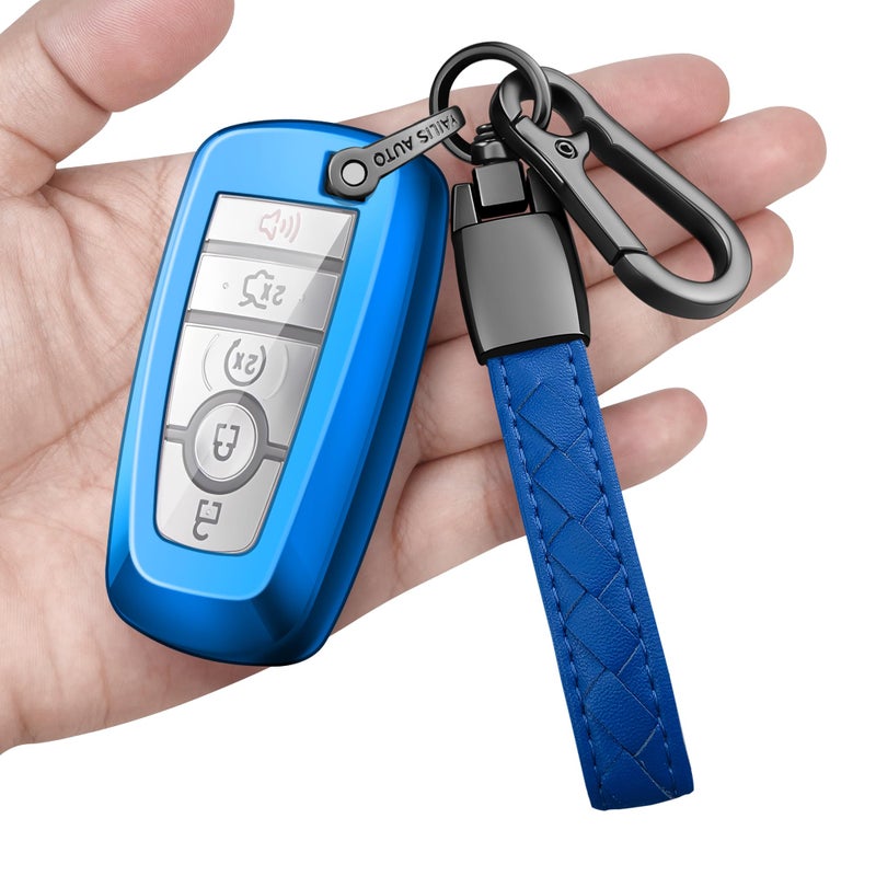 Autophone for Ford Key Fob Cover with Leather Keychain Soft TPU Protection Key Case for Mustang Explorer Fusion Escape Edge Expedition Raptor F150 F250 F350 F450 F550 Smart Key 345 Buttons Blue - Image 3