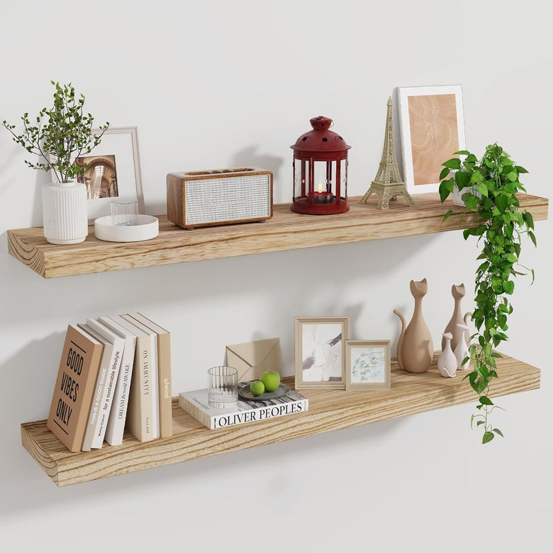 Wood Floating Shelves for Wall Set of 2 36 Inch Wide Rustic Wooden Floating Shelves Invisible Wall Mounted Display for Living Room Bedroom Kitchen Bathroom Office Carbonized Black