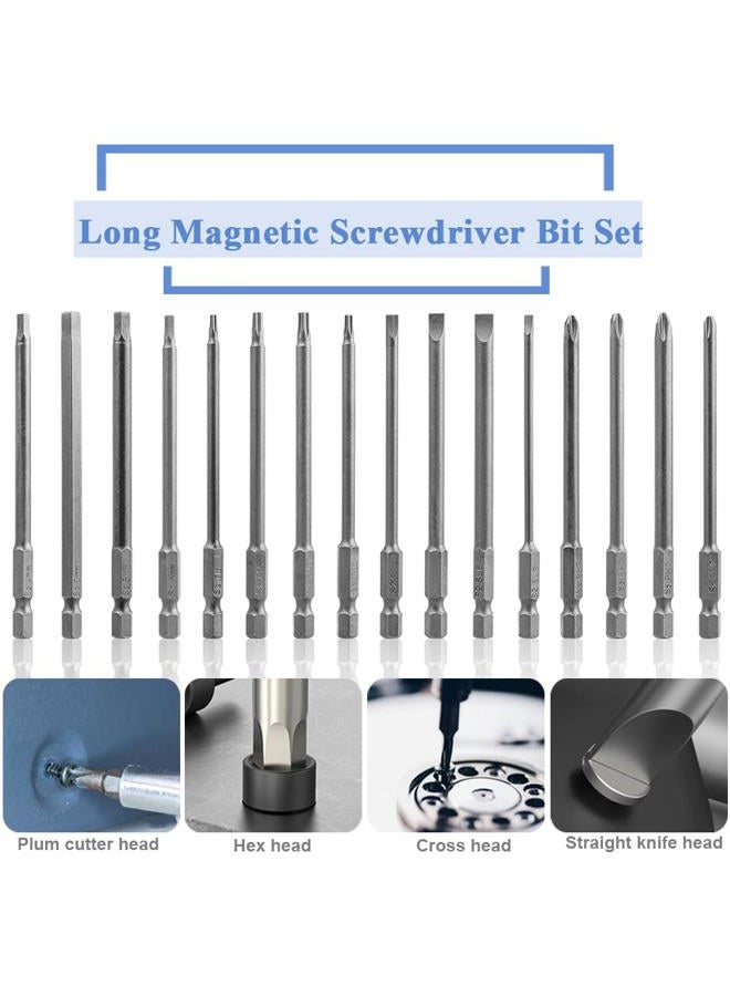 Wolfride 16pcs Long Magnetic Screwdriver Bits Set Slotted+Cross+Torx+Hex Drill Bit Set 1/4 Inch Hex Shank 100mm Length - Image 5