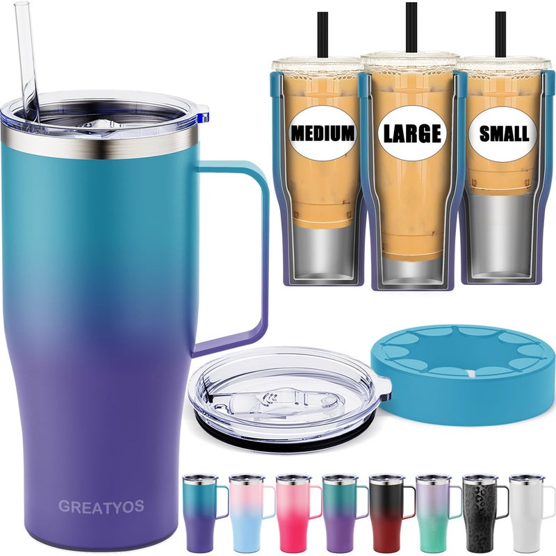 Greatyos Universal Iced Coffee Sleeve with Handle - Insulated Double Wall Reusable Stainless Steel Holder Insulator for Cold Drinks Fits Small Medium Large To Go Cups Gifts for Men Women Him Her (Ocean Dream) - Image 1
