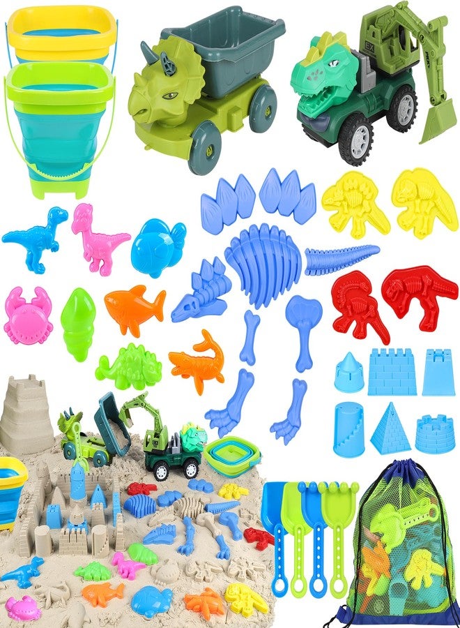 FUSPWEAO Beach Toys, 36Pcs Dinosaur Sand Toys for Kids Toddlers, Sandbox Toys with 2 Truck, Collapsible Beach Bucket, Mesh Bag, Sand Molds, Sand Castle Building Kit, Travel Beach Toy for Kids Toddlers Ages3-12 - Image 1