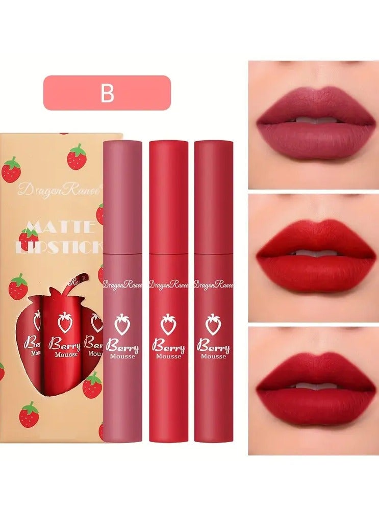 Dragon Ranee مجموعة أحمر شفاه دراجون راني غير اللامع من 3 - لمسة مخملية، خالية من الكحول، لون شفاه طويل الأمد، مناسب لجميع أنواع البشرة، مصنوع من البترولاتوم المغذي - مجموعة زبدة شفاه غير لزجة ومقاومة للنقل - Image 1