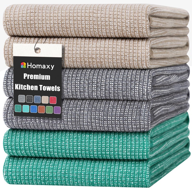 Homaxy Premium Kitchen Towels(18â€x 28â€, 6 Pack), Large Cotton Kitchen Hand Towels, Flat and Terry Dish Towels, 380 GSM Highly Absorbent Tea Towel Set with Hanging Loop, Grey/Green/Khaki - Image 1