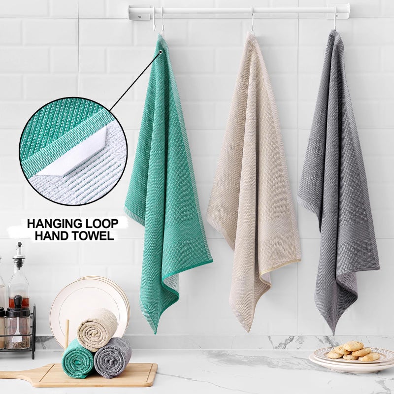 Homaxy Premium Kitchen Towels(18â€x 28â€, 6 Pack), Large Cotton Kitchen Hand Towels, Flat and Terry Dish Towels, 380 GSM Highly Absorbent Tea Towel Set with Hanging Loop, Grey/Green/Khaki - Image 3