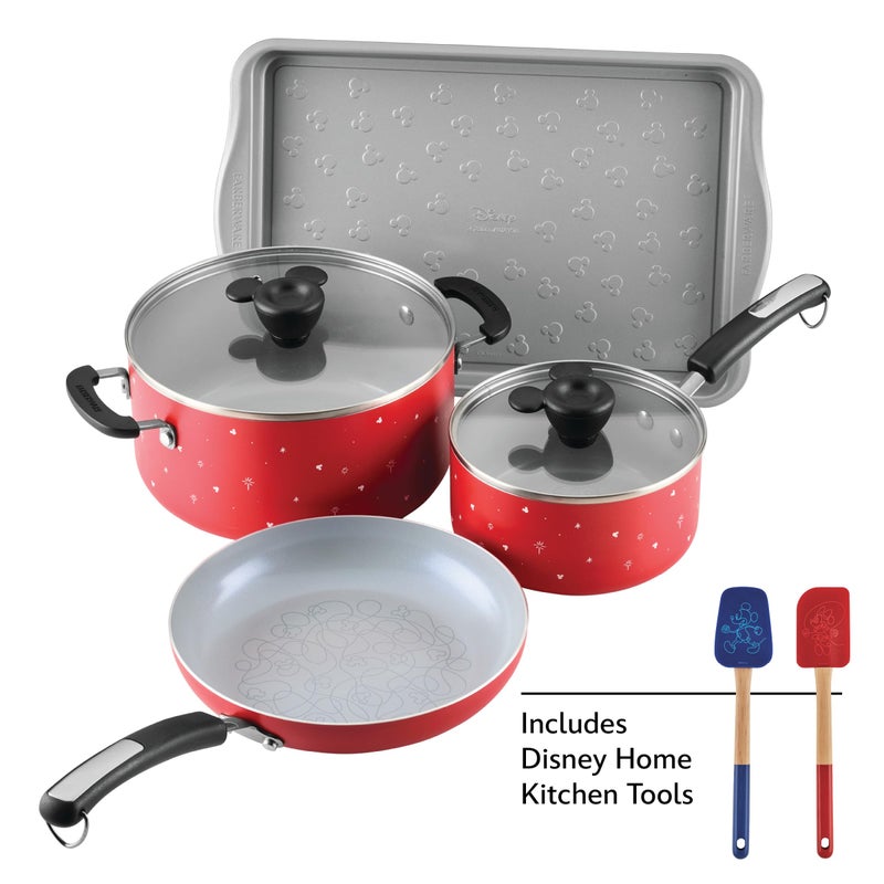 Farberware Disney Bon Voyage Ceramic Nonstick Pots and Pans Set with Baking Sheet/Cookie Pan and Disney Home Kitchen Tools, 8 Piece Non Stick Cookware Set - Red - Image 2