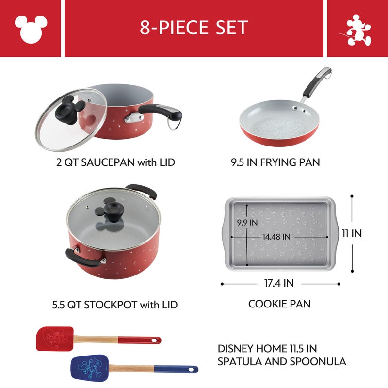 Farberware Disney Bon Voyage Ceramic Nonstick Pots and Pans Set with Baking Sheet/Cookie Pan and Disney Home Kitchen Tools, 8 Piece Non Stick Cookware Set - Red - Image 3
